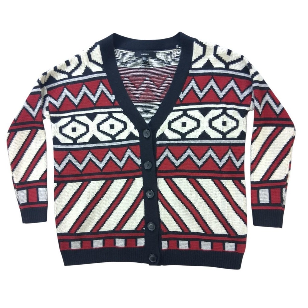 Forever 21 Women Geometric Knit Cardigan Sweater Red Black Cream Boho Size M